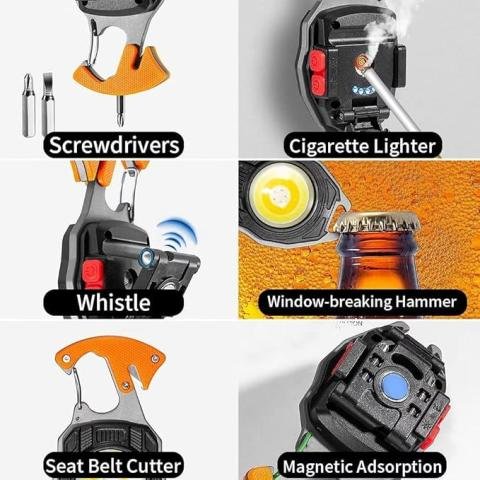 4 in 1 Keychain LED Rechargeable Flashlights with Lighter, Whistles, Screwdriver, Bottle Opener and a Lot